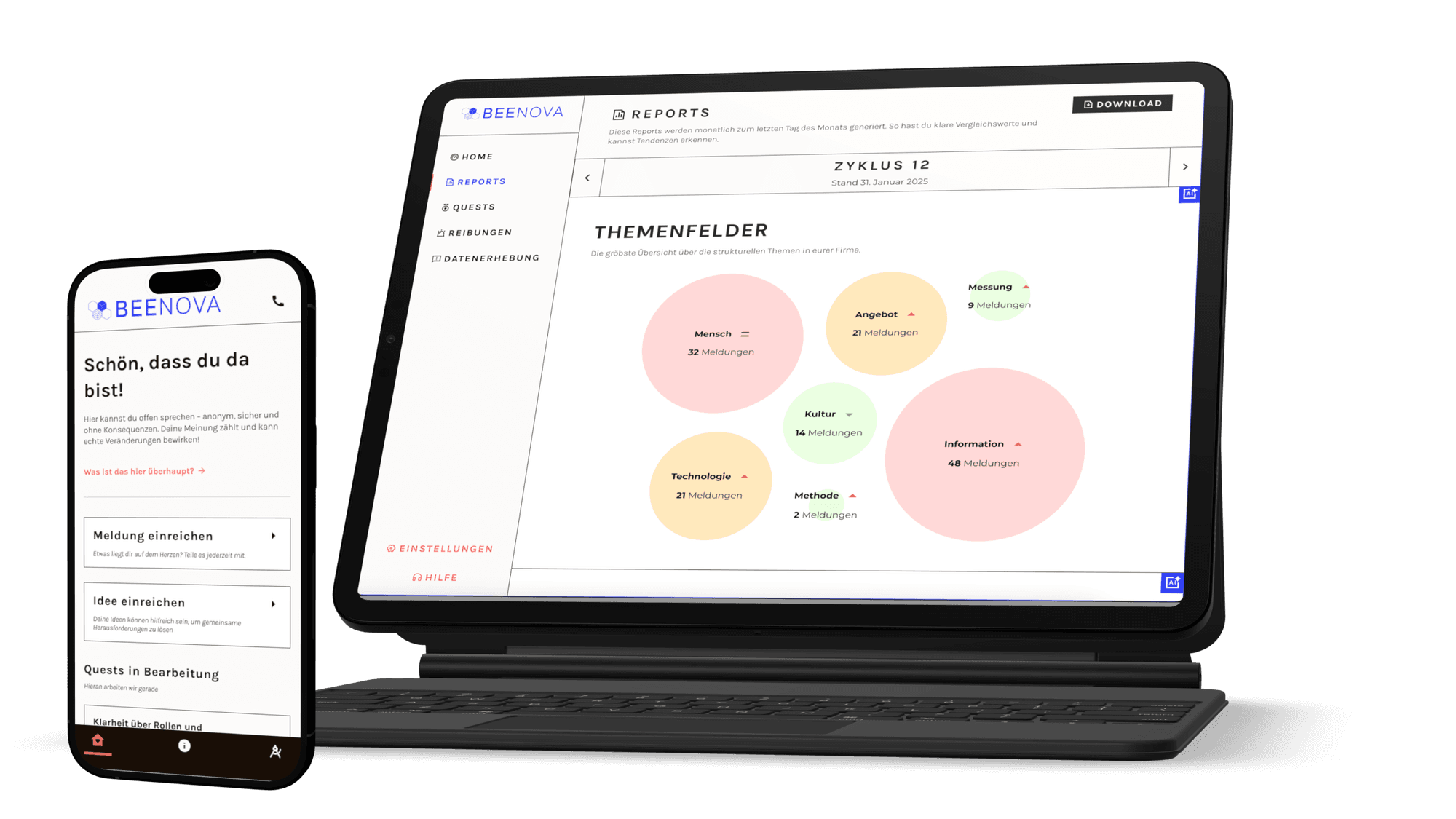 BrainTools-Software auf Tablet und Smartphone mit Auswertung der Themenfelder