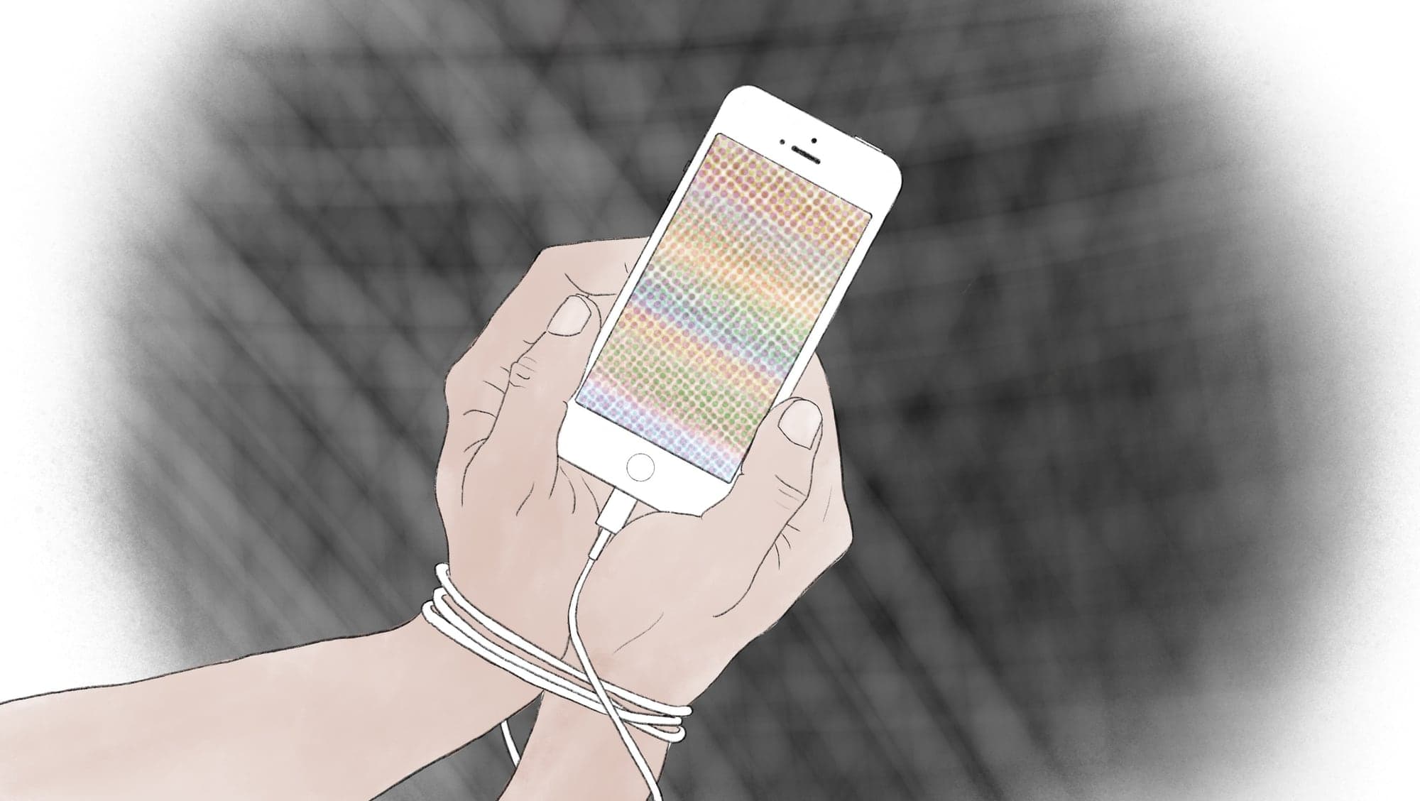 Gezeichnete Hände, gefesselt vom Ladekabel eines Smartphones