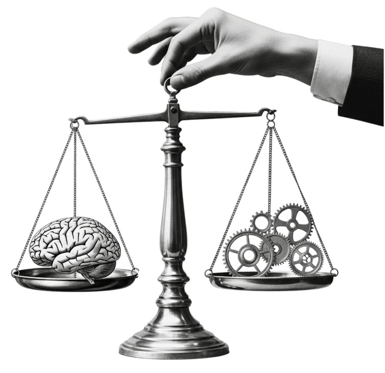 Waage mit Gehirn und Zahnrädern als Symbol für Business meets Neuroscience