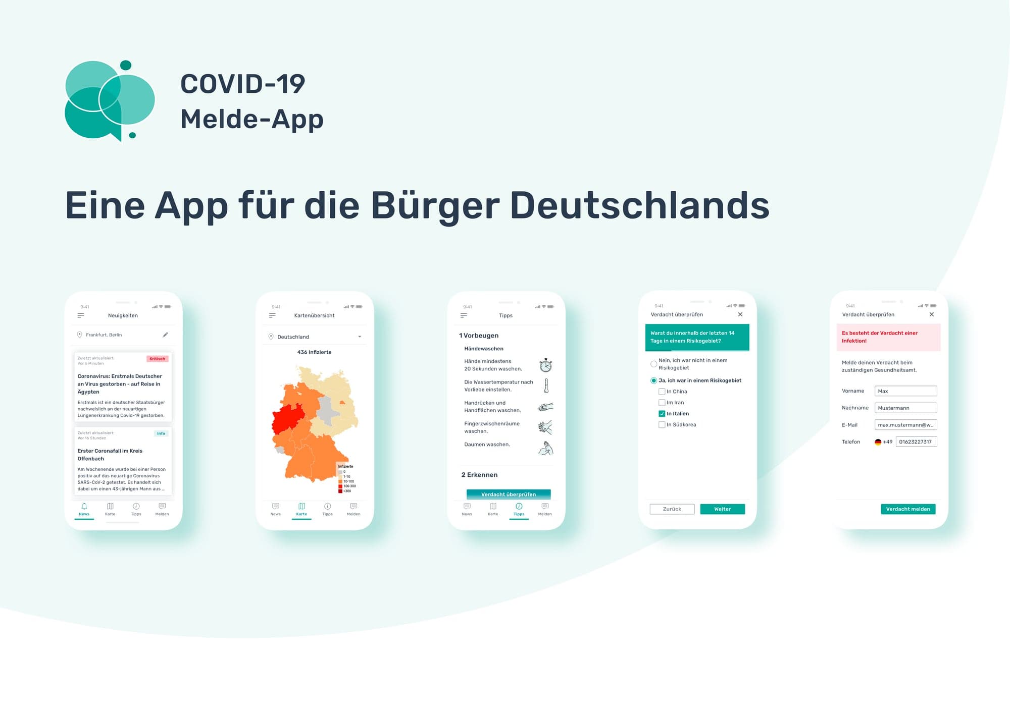 Screens der beim #WirVsVirus Hackathon entwickelten Corona-App
