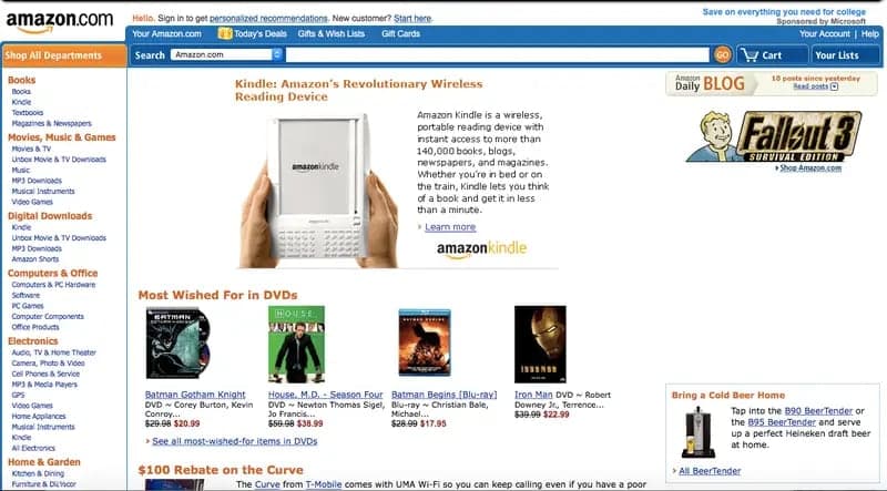 Frühere Amazon-Startseite mit Kindle-Werbung