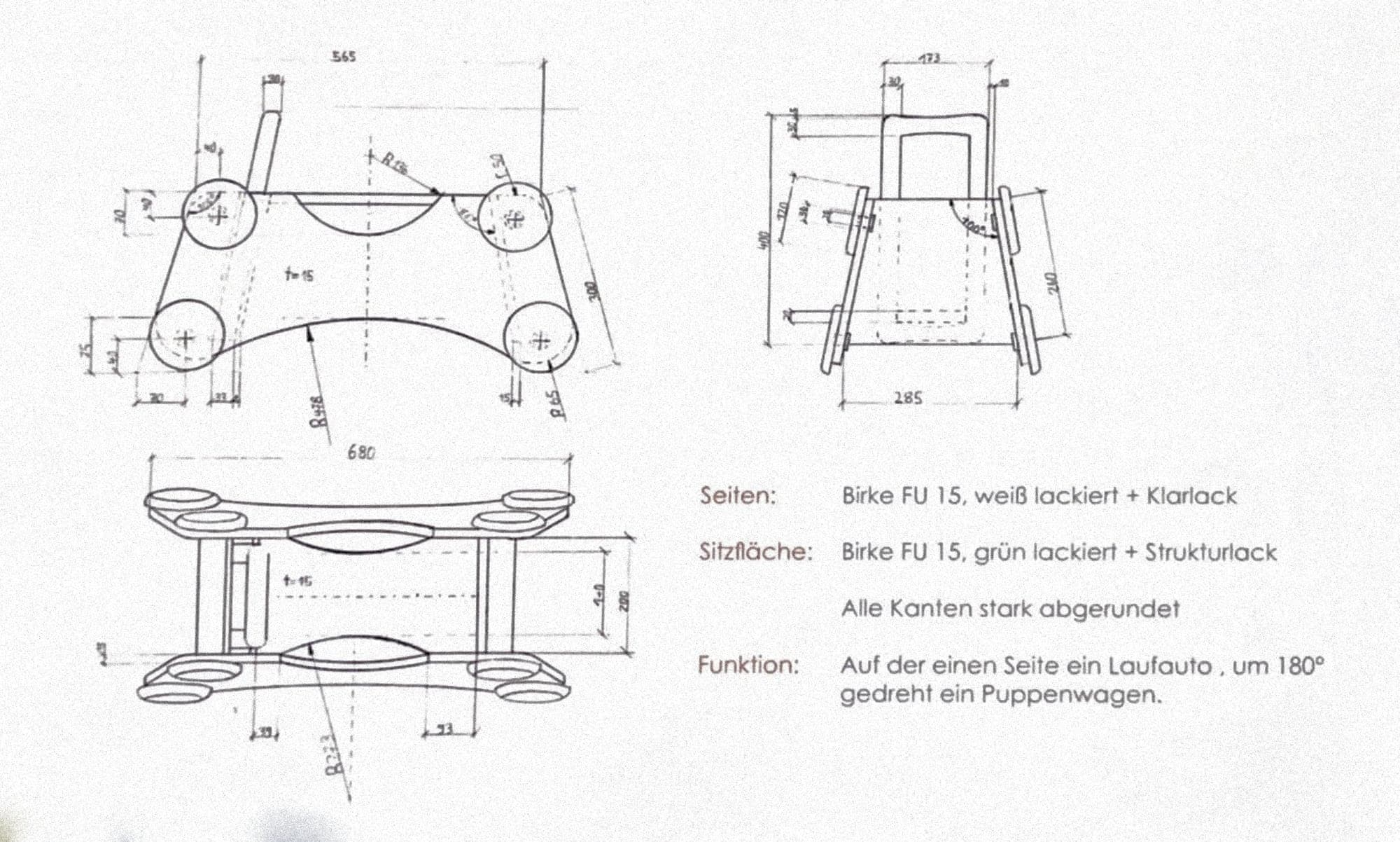 Technische Zeichnung des Lauflernwagens Jolly Trolly mit Materialangaben