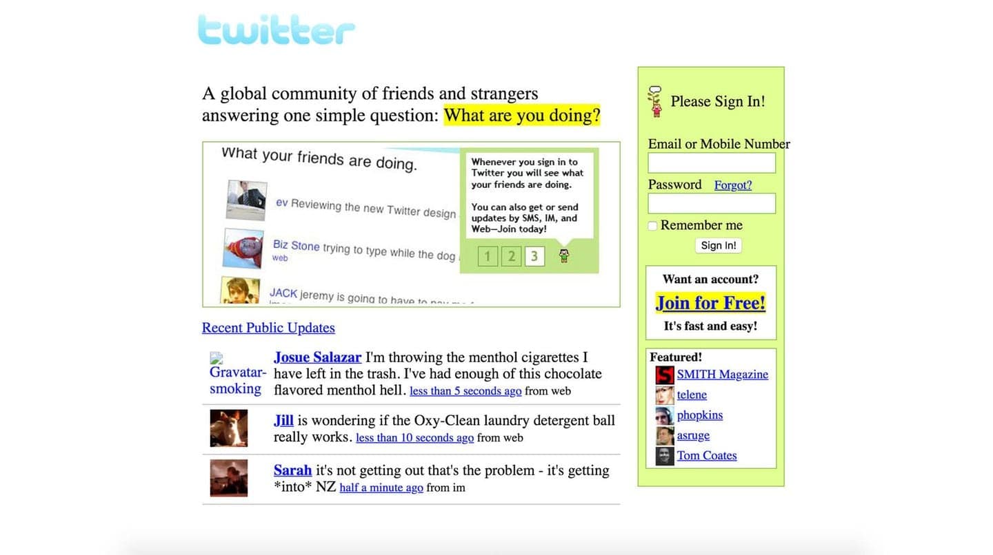 Frühe Twitter-Startseite mit der Frage „What are you doing?“