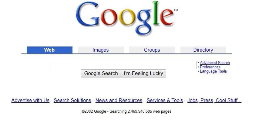 Screenshot der Google-Startseite aus dem Jahr 2002