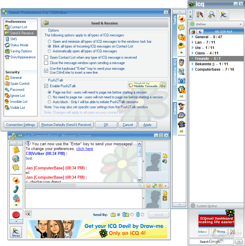 Screenshot des Chat-Programms ICQ mit Kontaktliste und Chatfenster