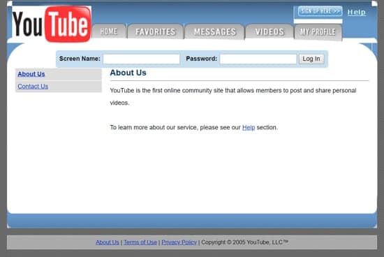 Screenshot der ersten YouTube-Webseite aus dem Jahr 2005